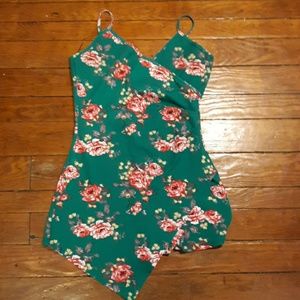 Womens Large Teal-Green Floral Rompa Dress/Shorts